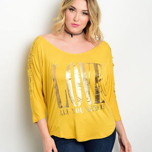 Araza Women's Knit Top Crochet-Lace All You Need Is LOVE Mustard PLUS SIZE 3X
